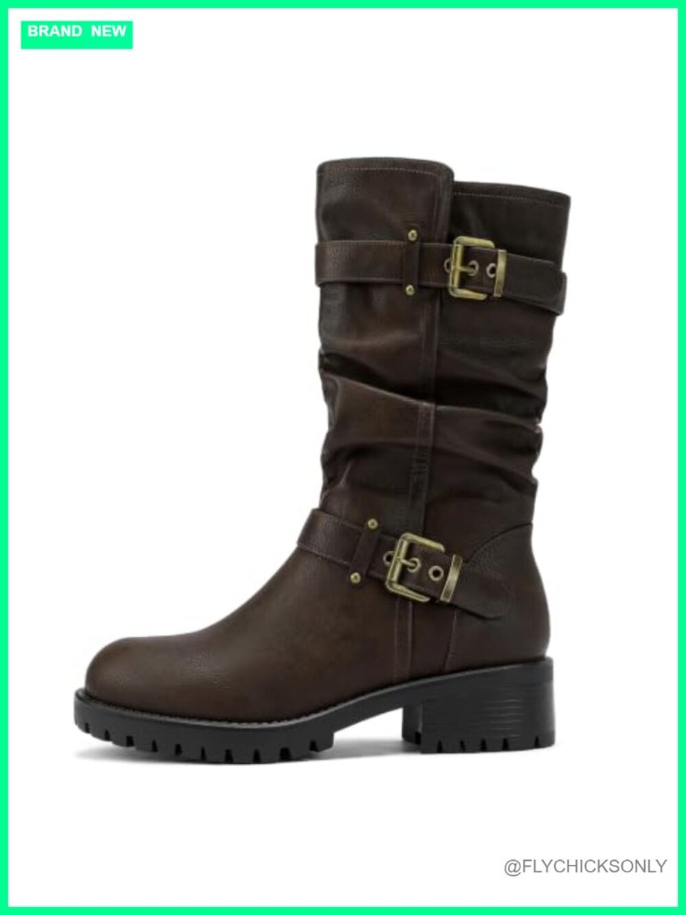 Wide Toe Box Mid Calf Slouch Motorcycle Boots Faux Leather Low Block Heel